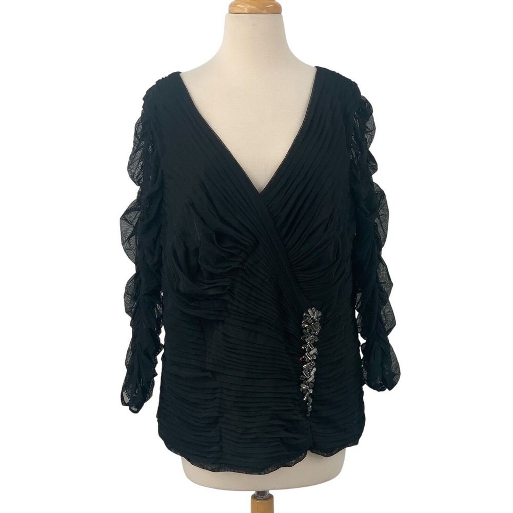 NWT Tadashi Shoji Black Ruched Mesh Long Sleeve‎ Pleated Top Rhinestones Size 2X